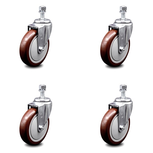 5 Inch Maroon Polyurethane Wheel Swivel 12mm Threaded Stem Caster Set SCC
